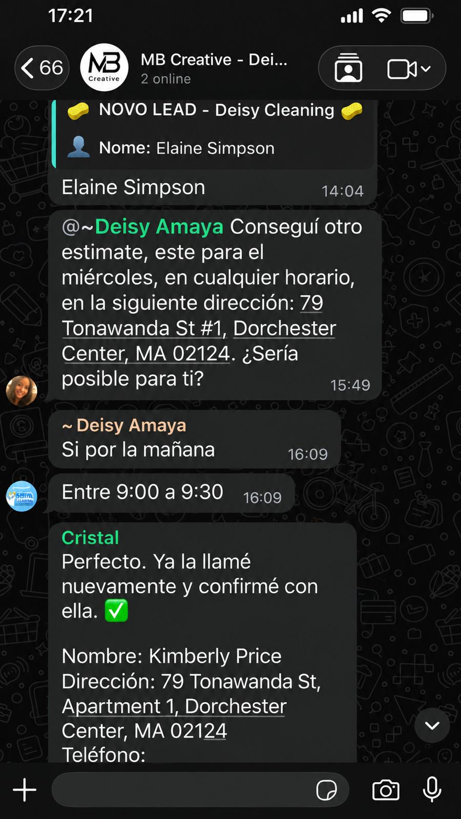 Novo lead Elaine Simpson agendado no WhatsApp
