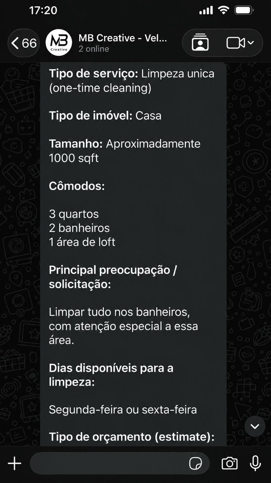 Detalhes do estimate: limpeza única de casa com 1000 sqft