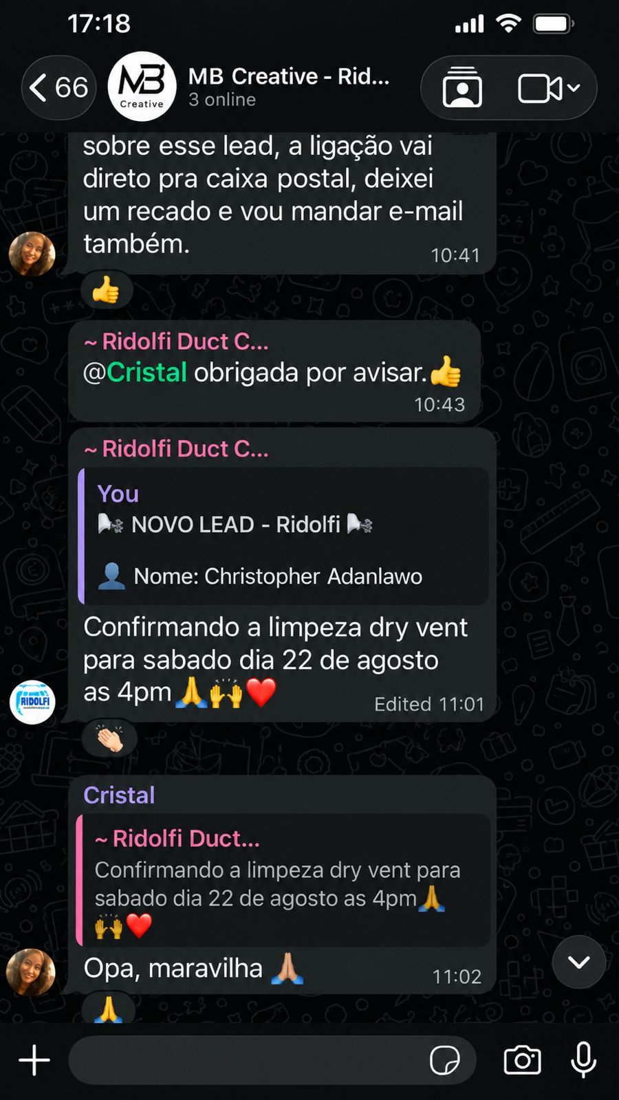 Confirmação de limpeza dry vent agendada